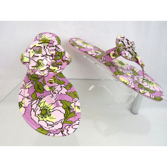 TORY BURCH MILLER BOLD FLOWERS PATENT LEATHER REVA FLAT THONG SLIDE SANDALS 10.5 - Picture 7 of 14